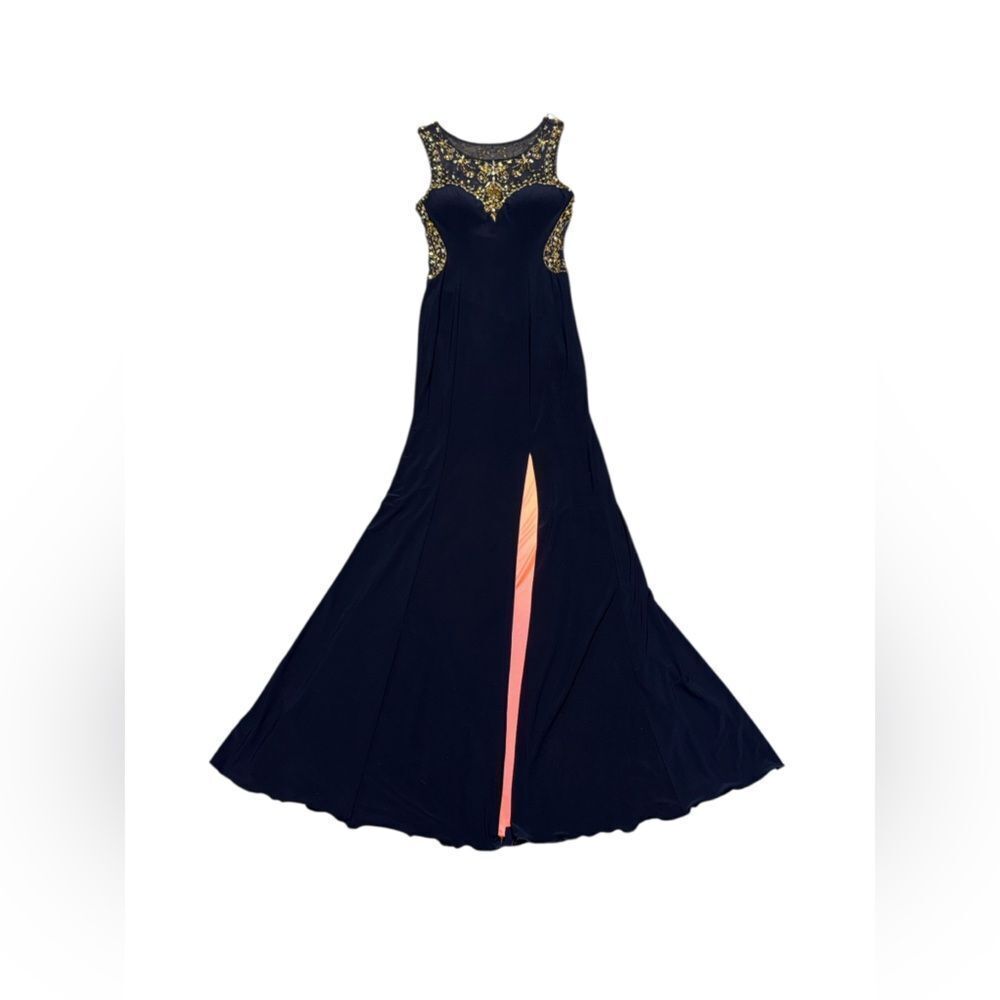 Betsey Adams navy Crystal embellished mesh front & back formal gown Dress sz 2